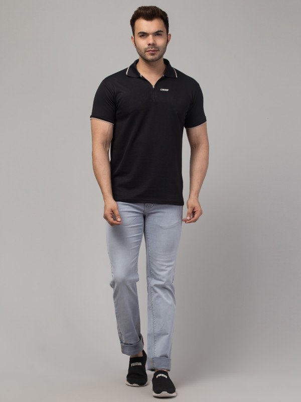 CRIMP Striped Men Polo Neck Black T-Shirt