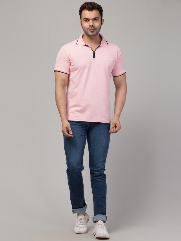 CRIMP Striped Men Polo Neck Pink T-Shirt