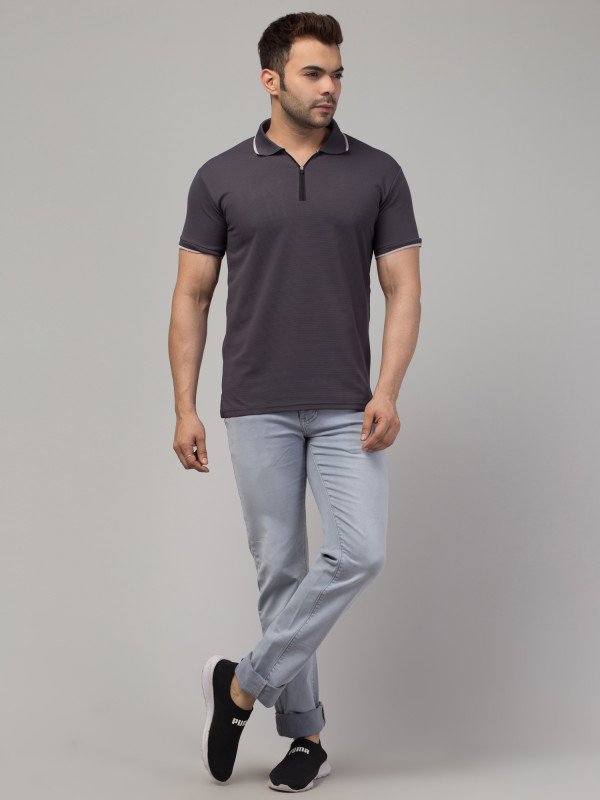 CRIMP Striped Men Polo Neck Dark Grey T-Shirt