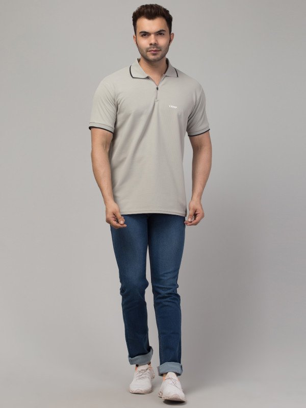 CRIMP Striped Men Polo Neck Grey T-Shirt